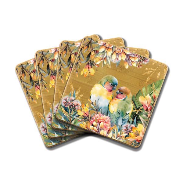 BAMBOO COASTER SET - LOVE BIRDS