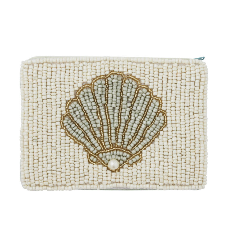 BEADED SEASHELL COIN PURSE.